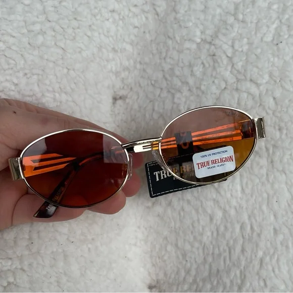 True Religion Gold Sunglasses with Orange Lenses NWT - Picture 1 of 8